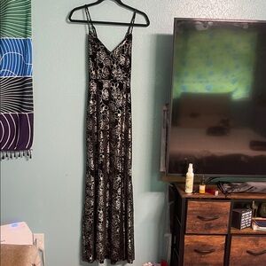 Elegant Blue Blush Black Floral Maxi Dress